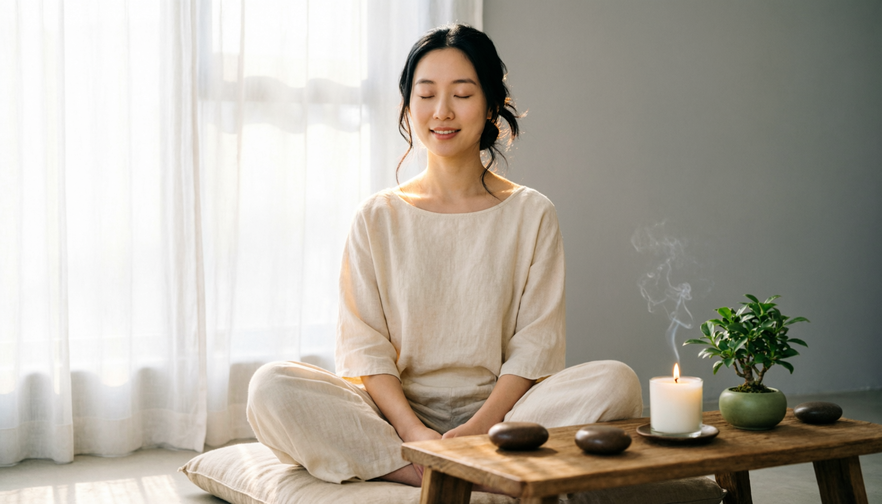 Serene woman meditating - WuDong wellness platform